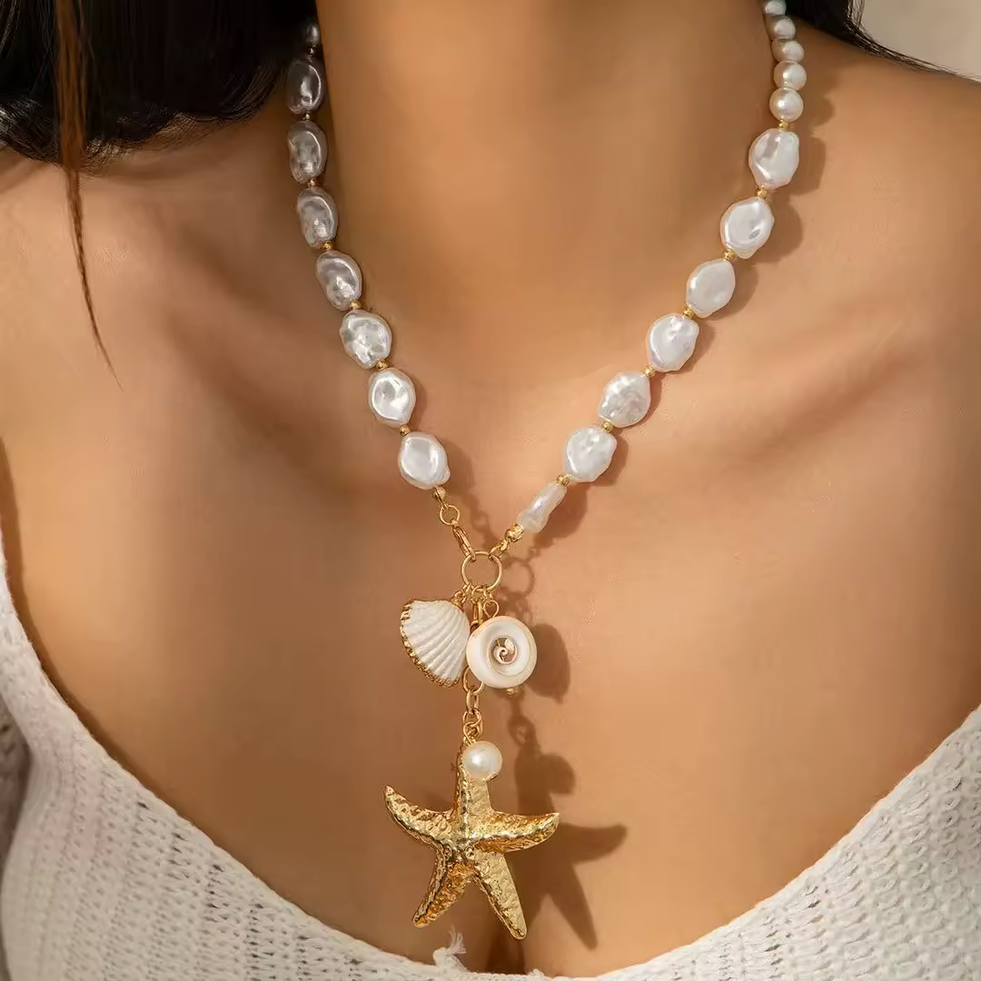 Coastal Pearl Charm Necklace